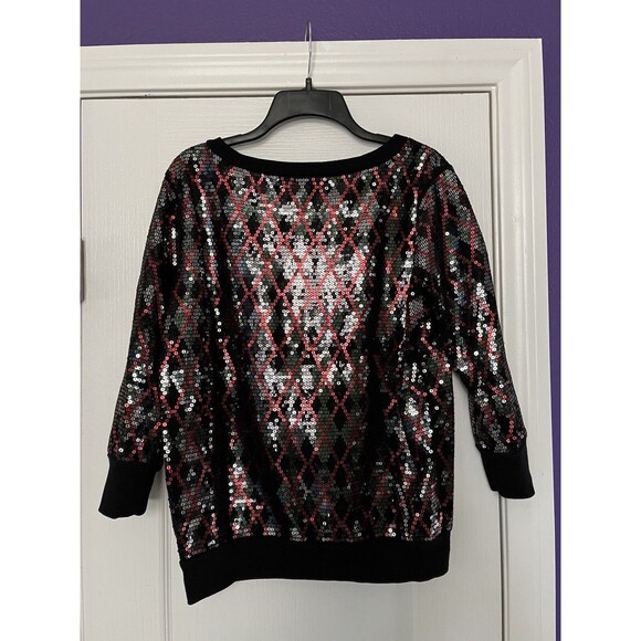 EXPRESS Black Red Silver Sequin Pullover Sweatshirt Top 3/4” Sleeve Size Large - Picture 6 of 10